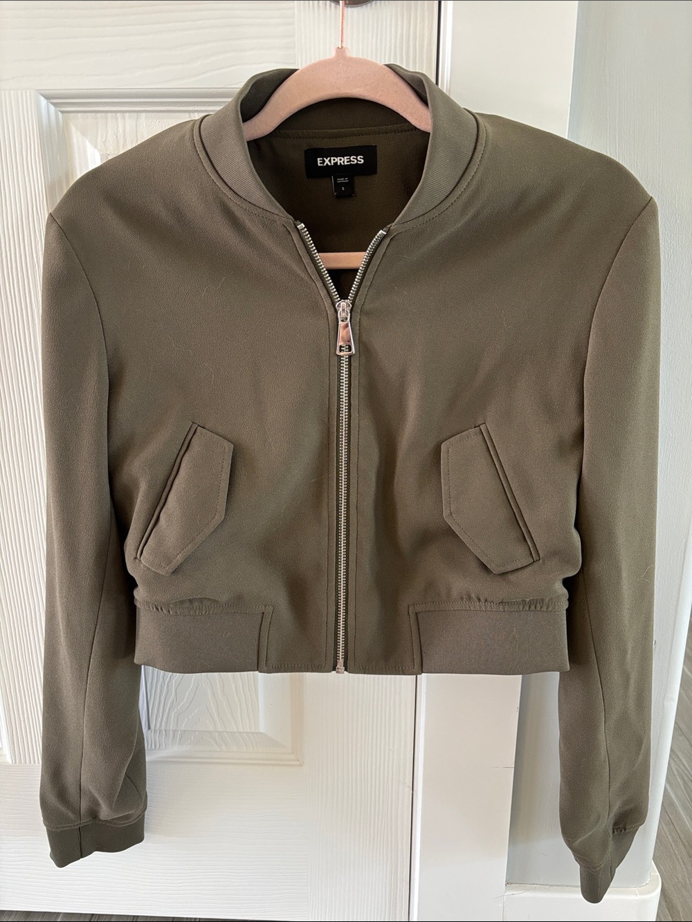 Express Cropped Bomber Jacket in Olive (S) - Picture 8 of 8